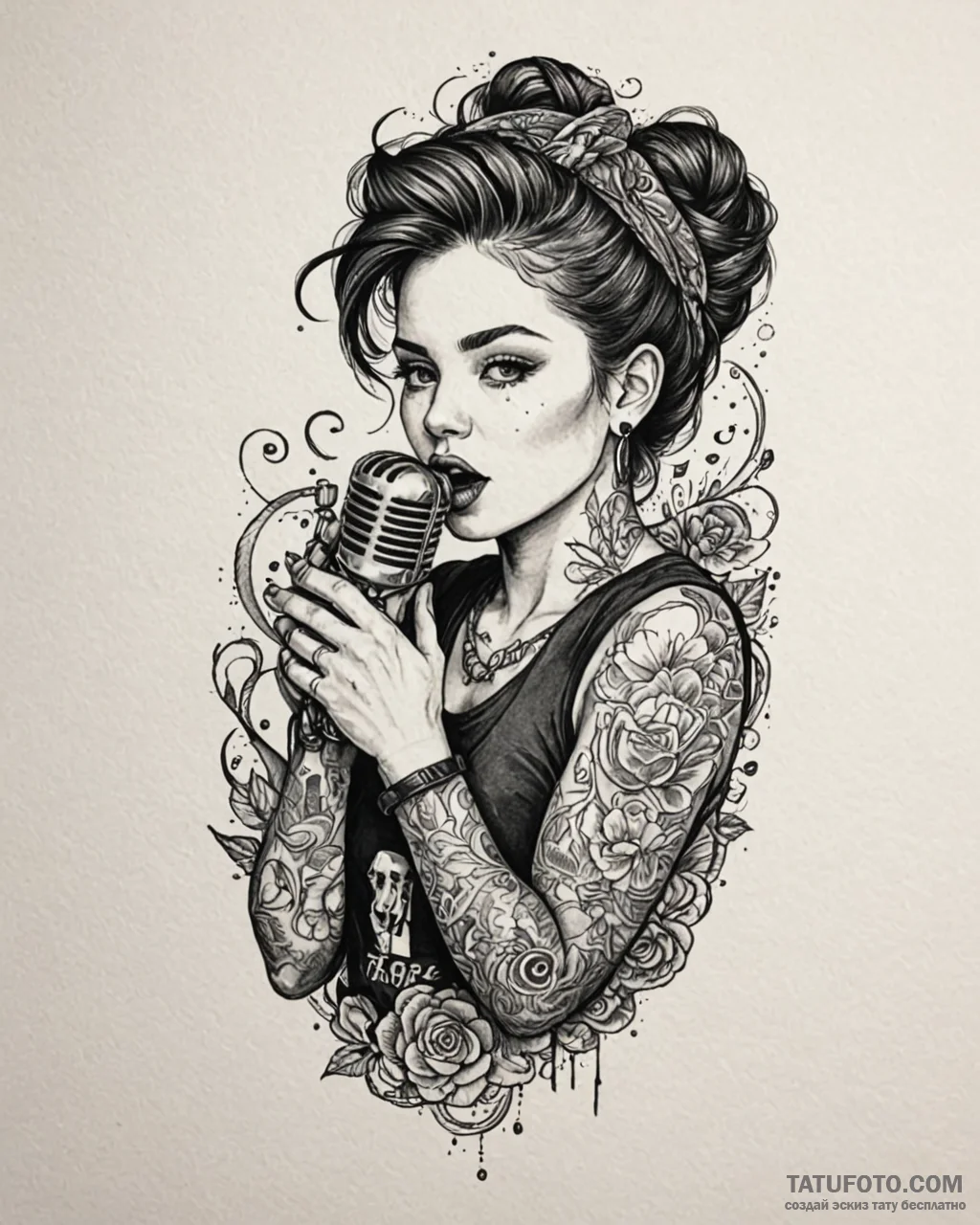 Tattoo sketch, stuart holding microphone sing... - эскиз тату (№1753586342_0, 27.07.2025 03:19) — Tatufoto.com