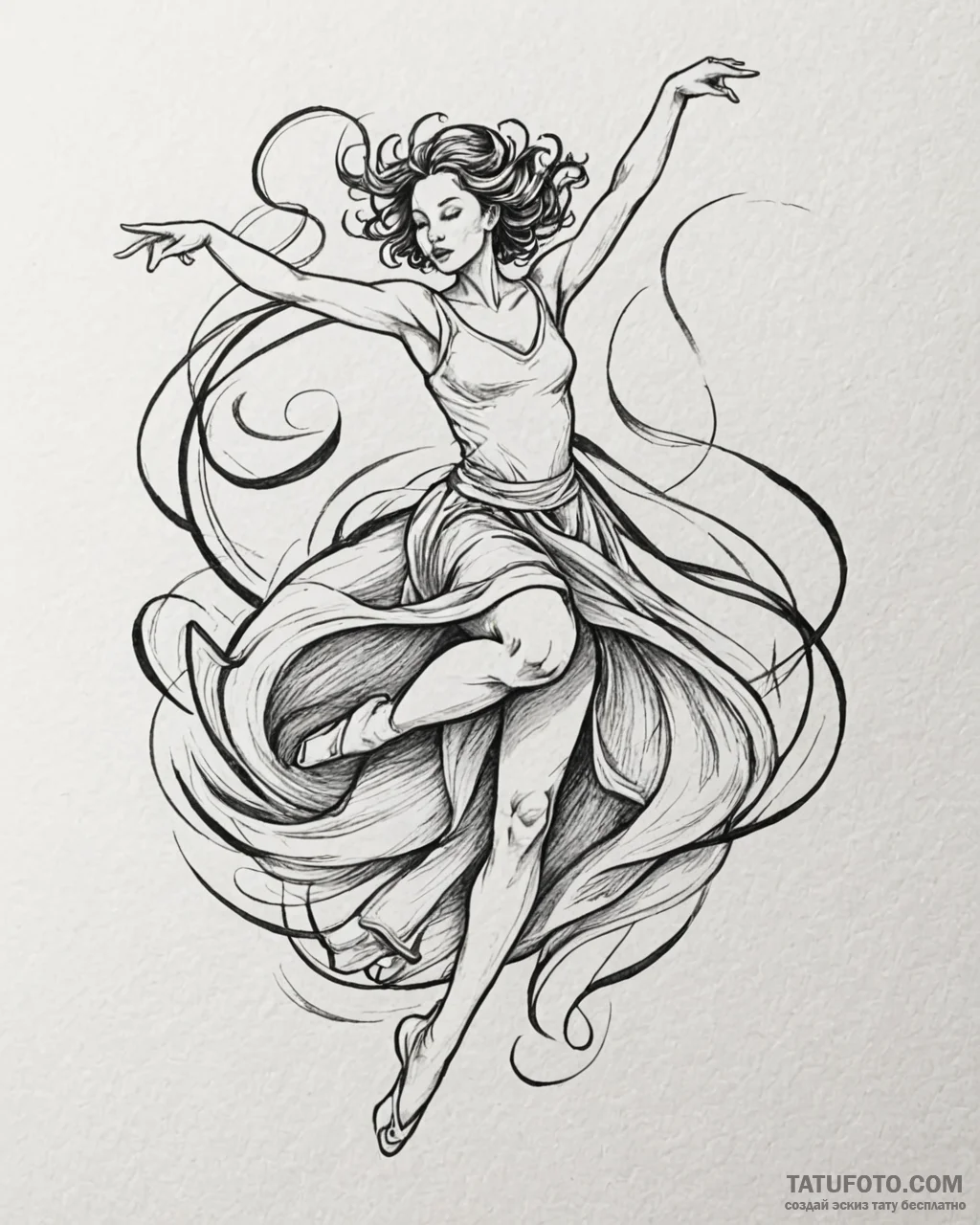 Tattoo sketch, graceful dancer mid-leap with... - эскиз тату (№1753587994_0, 27.07.2025 03:46) — Tatufoto.com
