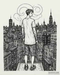Tat tattoo sketch, david standing on neon-lit... - эскиз тату (№1753589009_0, 27.07.2025 04:03) — Tatufoto.com