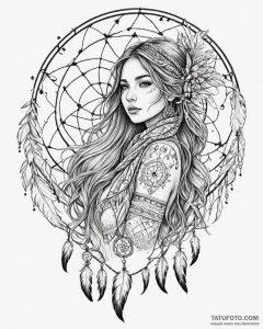 Tat tattoo sketch, boho girl with dreamcatche... - эскиз тату (№1753589211_0, 27.07.2025 04:06) — Tatufoto.com