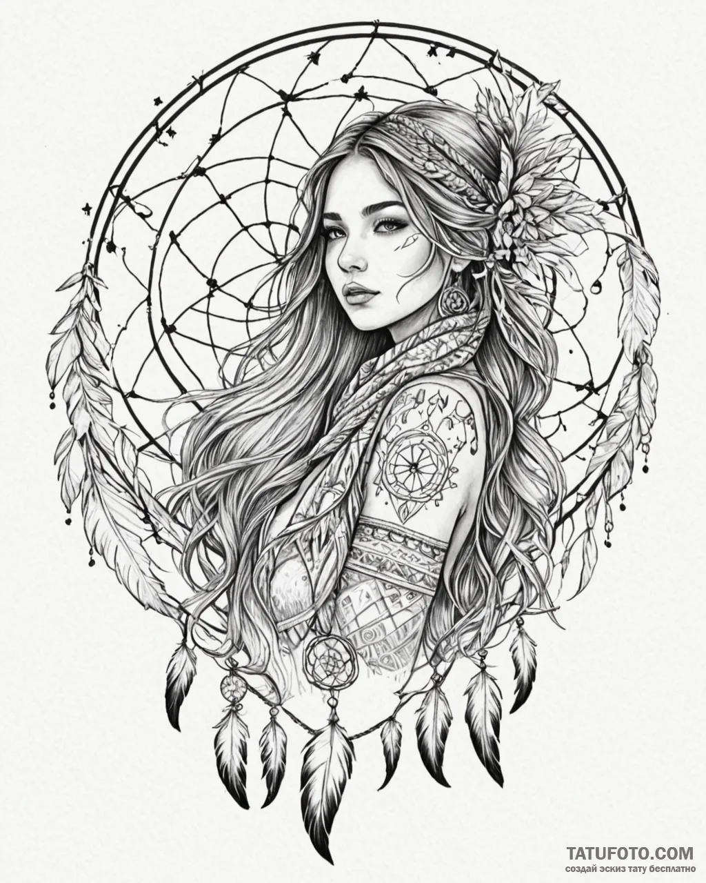 Tat tattoo sketch, boho girl with dreamcatche... - эскиз тату (№1753589211_0, 27.07.2025 04:06) — Tatufoto.com