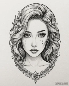 Tattoo sketch, lucy wilde with playful wink,... - эскиз тату (№1753590018_0, 27.07.2025 04:20) — Tatufoto.com