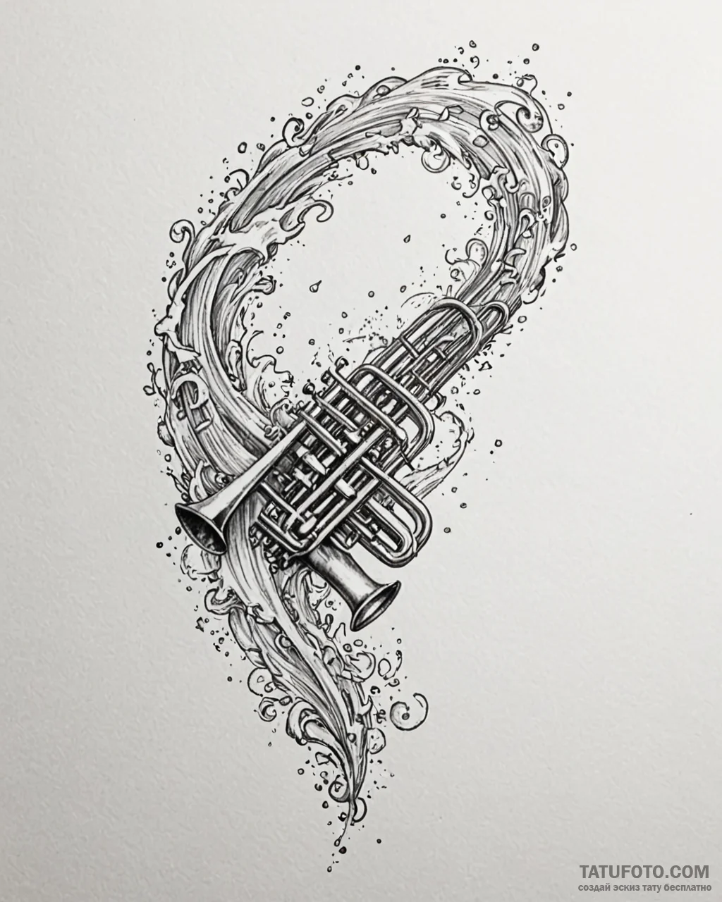 Tat tattoo sketch, trumpet blowing ocean spra... - эскиз тату (№1753590828_0, 27.07.2025 04:33) — Tatufoto.com