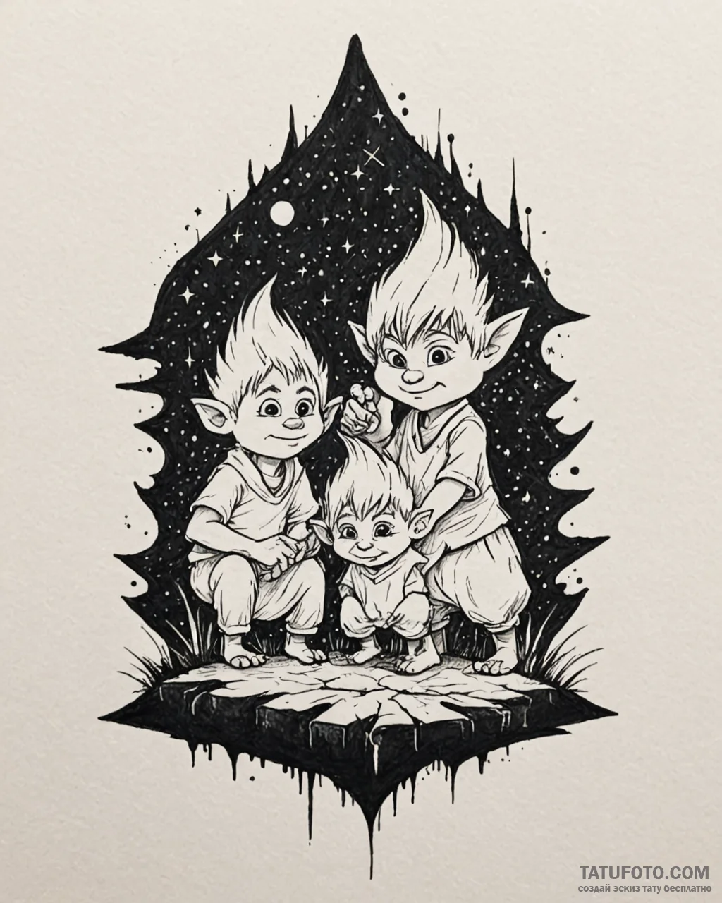 Tat tattoo sketch, trolls village silhouette... - эскиз тату (№1753591026_0, 27.07.2025 04:37) — Tatufoto.com