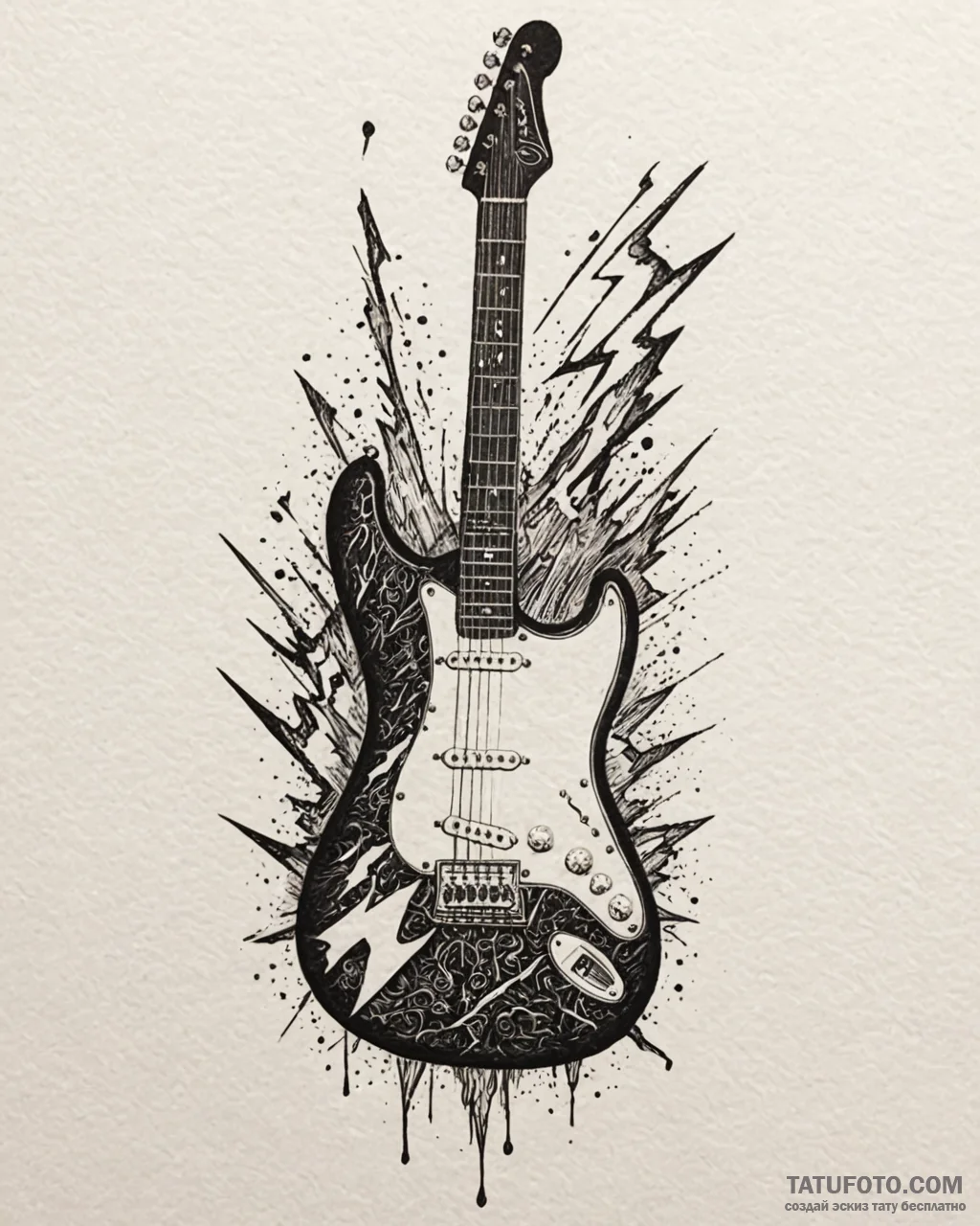 Tattoo sketch, electric guitar with lightning... - эскиз тату (№1753592224_0, 27.07.2025 04:57) — Tatufoto.com