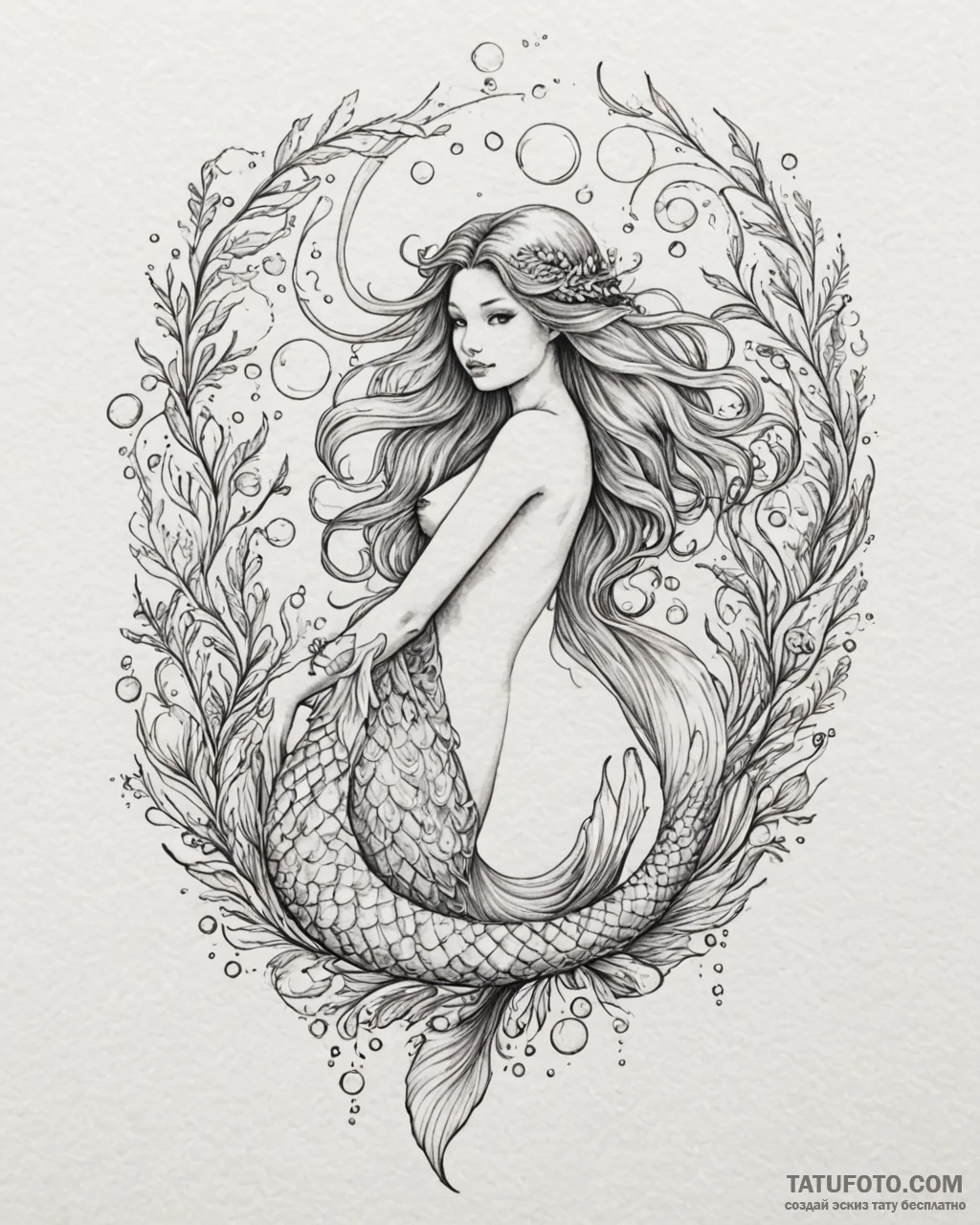 Tattoo sketch, ethereal mermaid with flowing... - эскиз тату (№1753597175_0, 27.07.2025 06:19) — Tatufoto.com