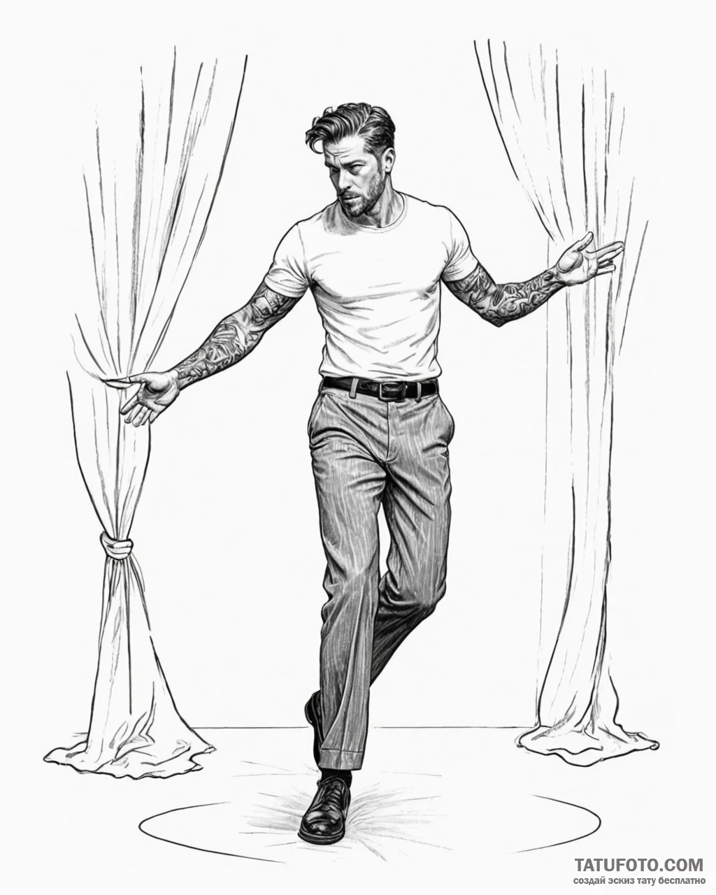 Tat tattoo sketch, actor stepping onto stage... - эскиз тату (№1753597767_0, 27.07.2025 06:29) — Tatufoto.com