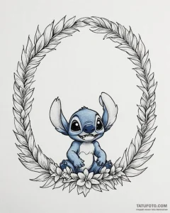 Tattoo sketch, lilo and stitch with palm leav... - эскиз тату (№1753597965_0, 27.07.2025 06:32) — Tatufoto.com