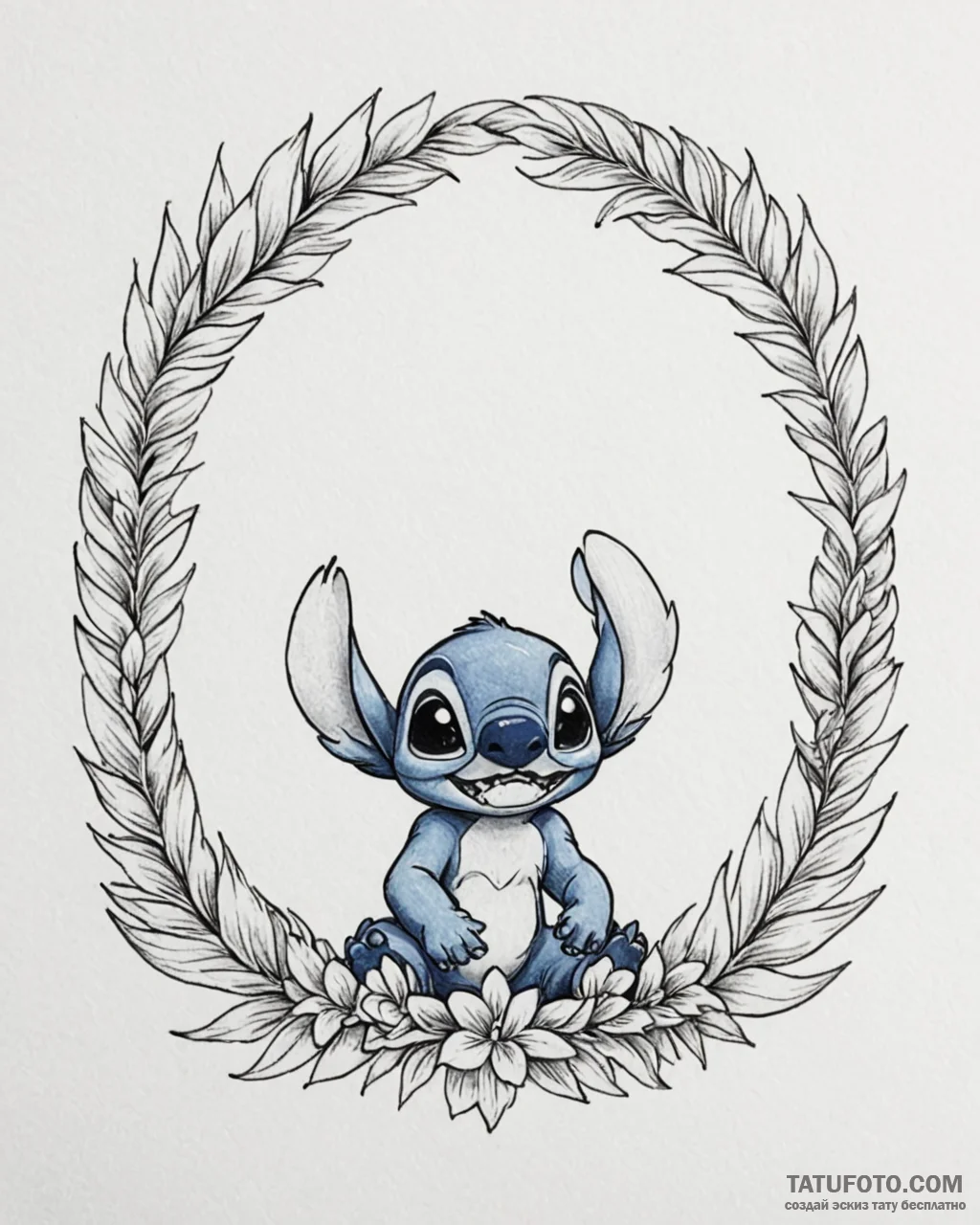 Tattoo sketch, lilo and stitch with palm leav... - эскиз тату (№1753597965_0, 27.07.2025 06:32) — Tatufoto.com