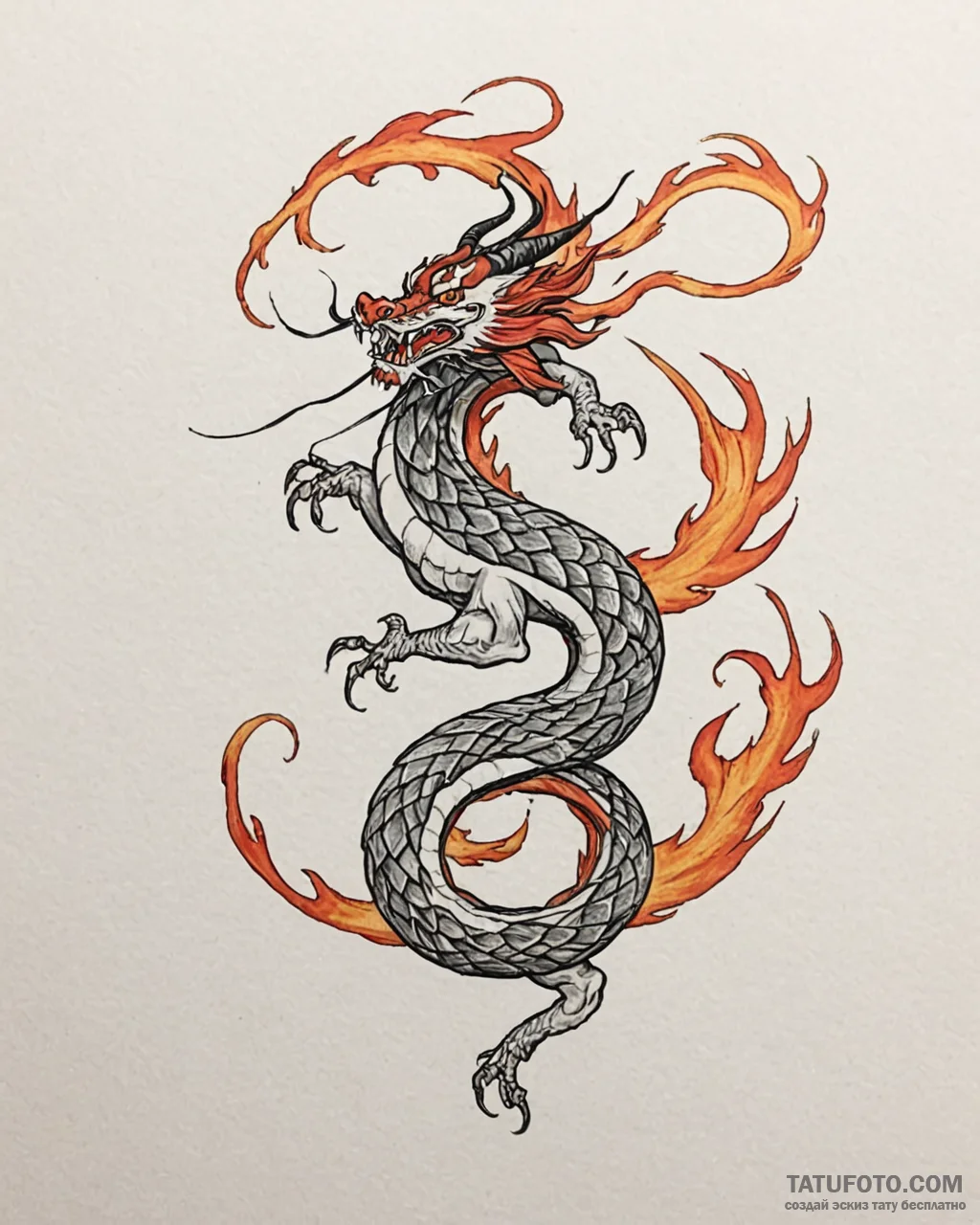 Tattoo sketch, mushu with fiery tail swirling... - эскиз тату (№1753599152_0, 27.07.2025 06:52) — Tatufoto.com