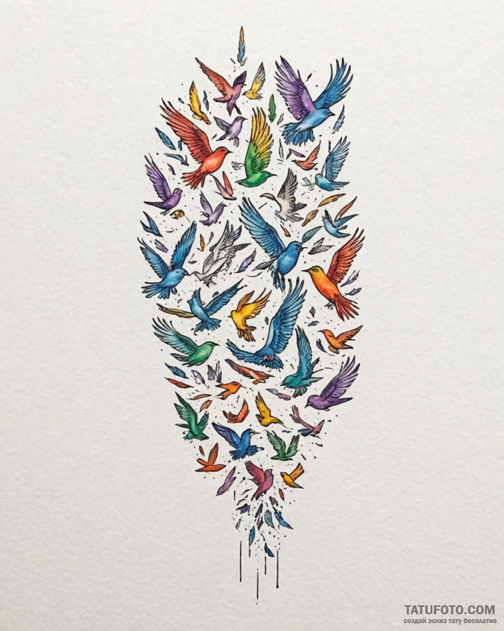 Tattoo sketch, flock of colorful birds in fli... - эскиз тату (№1753600143_0, 27.07.2025 07:09) — Tatufoto.com