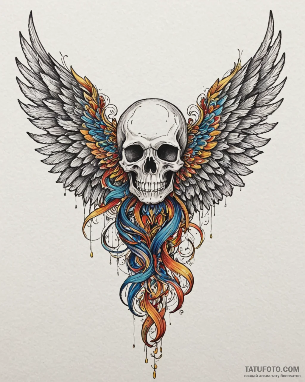 Tat tattoo sketch, skull with vast angel wing... - эскиз тату (№1753600341_0, 27.07.2025 07:12) — Tatufoto.com