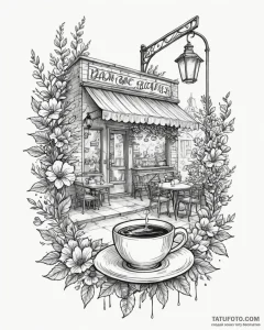 Tattoo sketch, cozy café storefront with stea... - эскиз тату (№1753601530_0, 27.07.2025 07:32) — Tatufoto.com