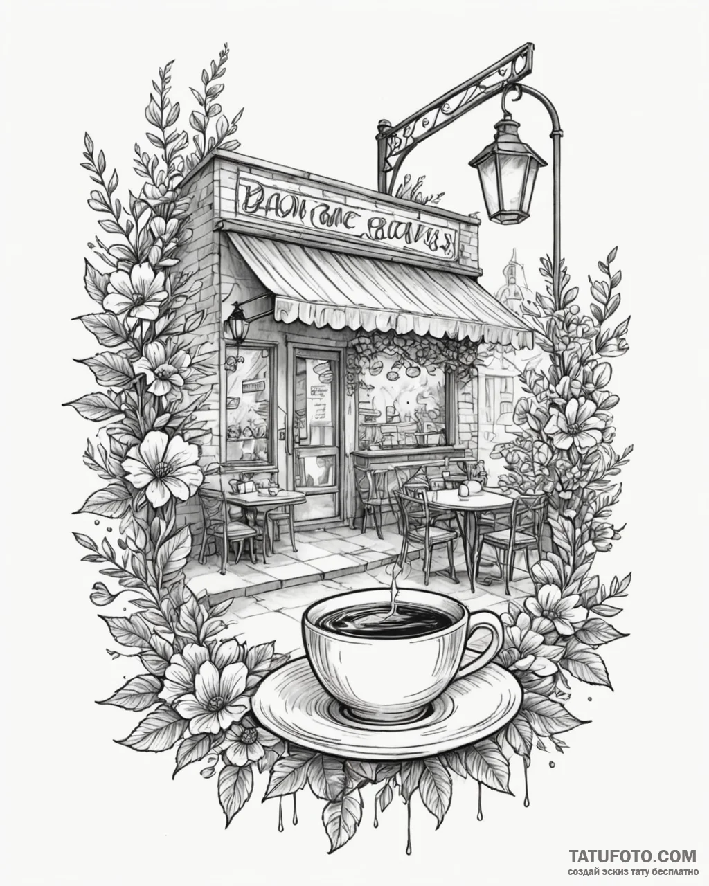Tattoo sketch, cozy café storefront with stea... - эскиз тату (№1753601530_0, 27.07.2025 07:32) — Tatufoto.com