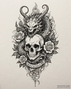 Tattoo sketch, dragon silhouette with fire an... - эскиз тату (№1753603116_0, 27.07.2025 07:58) — Tatufoto.com