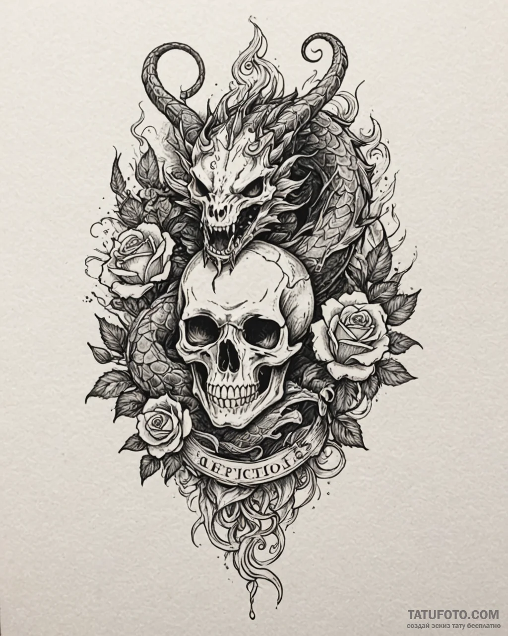 Tattoo sketch, dragon silhouette with fire an... - эскиз тату (№1753603116_0, 27.07.2025 07:58) — Tatufoto.com