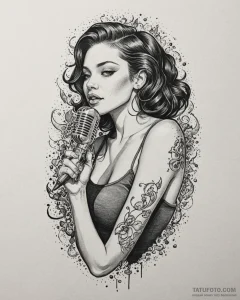 Tattoo sketch, singer portrait with microphon... - эскиз тату (№1753603511_0, 27.07.2025 08:05) — Tatufoto.com