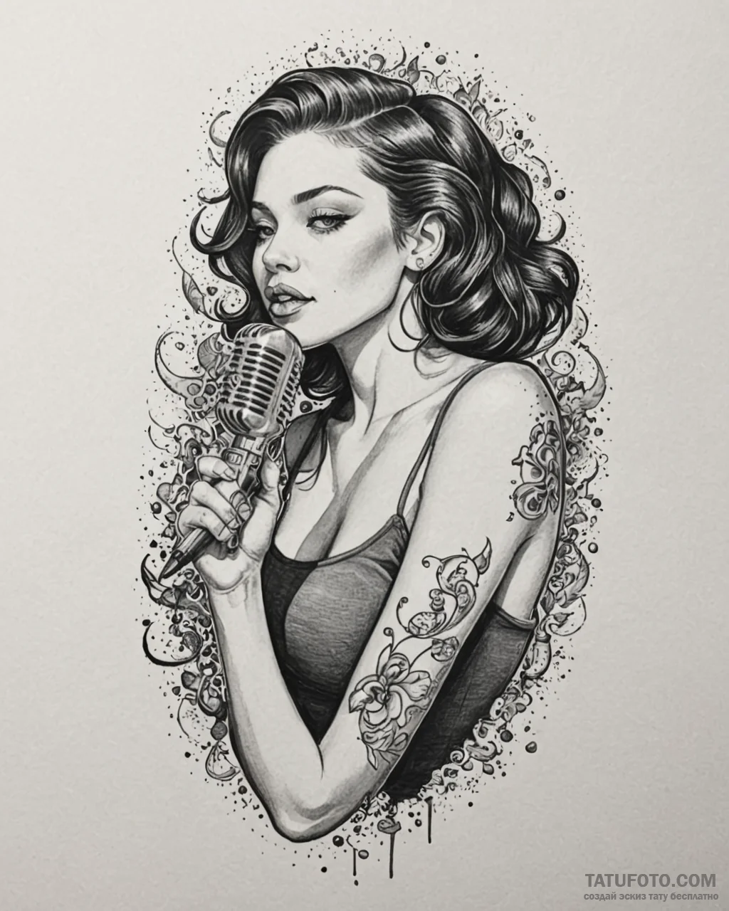 Tattoo sketch, singer portrait with microphon... - эскиз тату (№1753603511_0, 27.07.2025 08:05) — Tatufoto.com