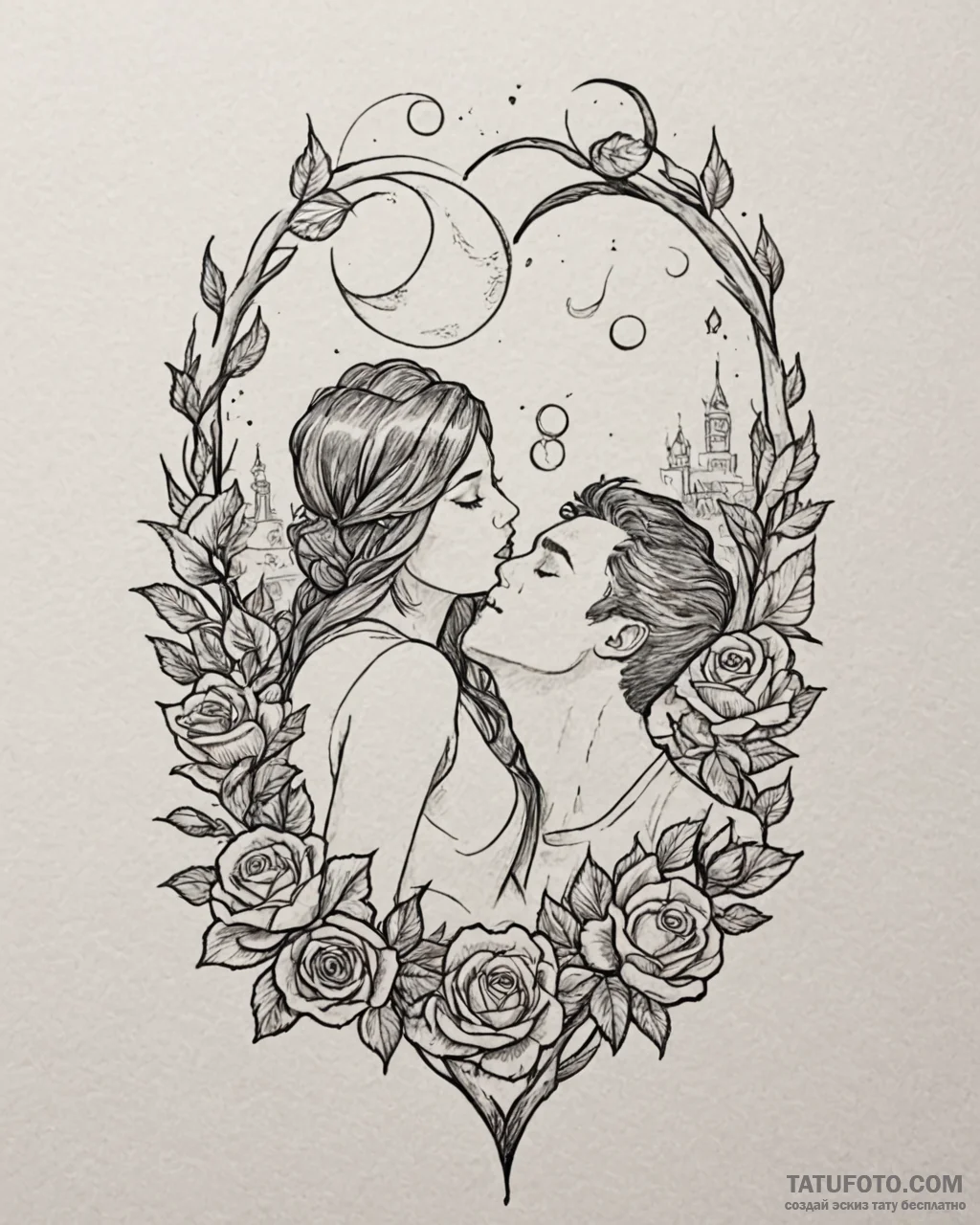 Tat tattoo sketch, romantic couple kissing un... - эскиз тату (№1753603908_0, 27.07.2025 08:11) — Tatufoto.com