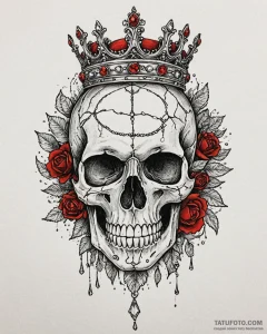 Tattoo sketch, skull wearing ornate crown wit... - эскиз тату (№1753605492_0, 27.07.2025 08:38) — Tatufoto.com