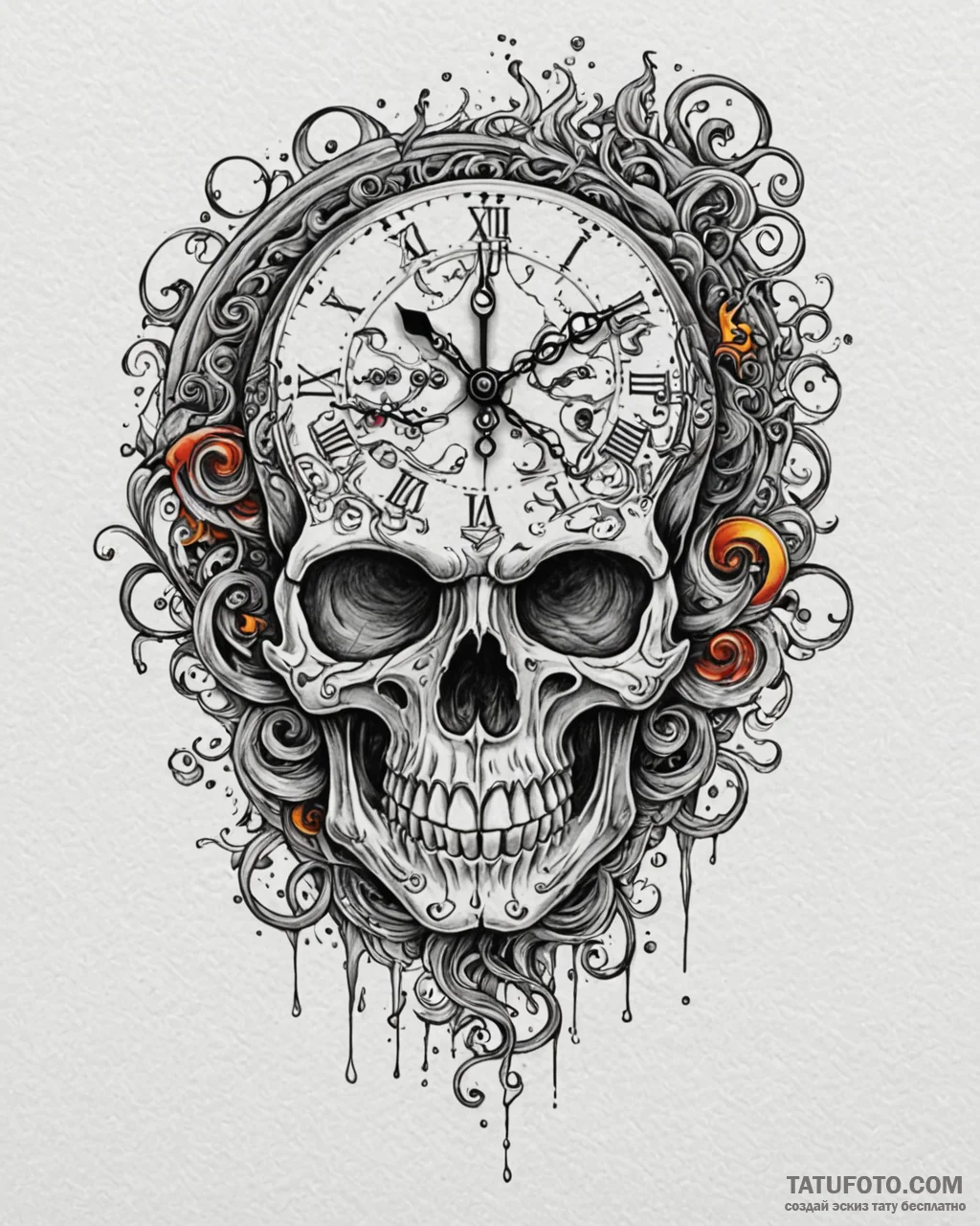 Tattoo sketch, skull clock with melting numbe... - эскиз тату (№1753605888_0, 27.07.2025 08:44) — Tatufoto.com