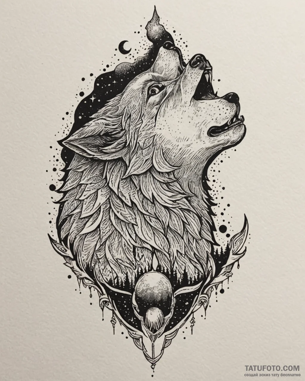 Tattoo sketch, kenai howling under full moon,... - эскиз тату (№1753606087_0, 27.07.2025 08:48) — Tatufoto.com