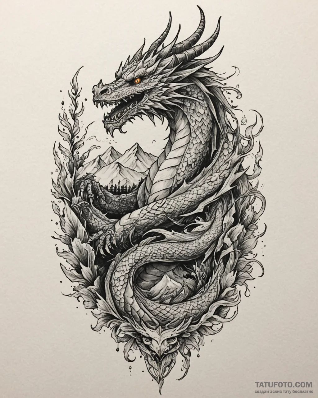 Tat tattoo sketch, majestic dragon with glowi... - эскиз тату (№1753607472_0, 27.07.2025 09:11) — Tatufoto.com