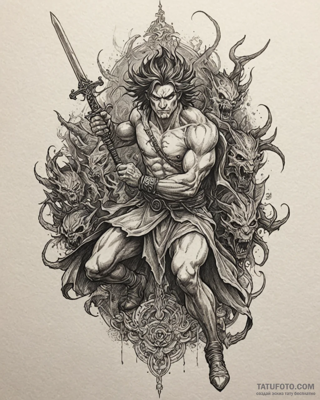 Tat tattoo sketch, joaquin battling demons wi... - эскиз тату (№1753607670_0, 27.07.2025 09:14) — Tatufoto.com