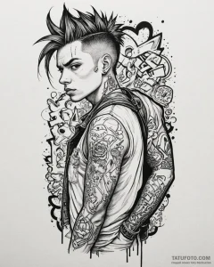 Tat tattoo sketch, punk rocker leaning on gra... - эскиз тату (№1753608066_0, 27.07.2025 09:21) — Tatufoto.com