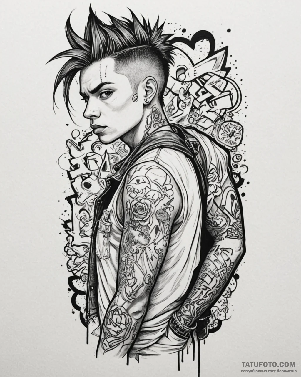 Tat tattoo sketch, punk rocker leaning on gra... - эскиз тату (№1753608066_0, 27.07.2025 09:21) — Tatufoto.com