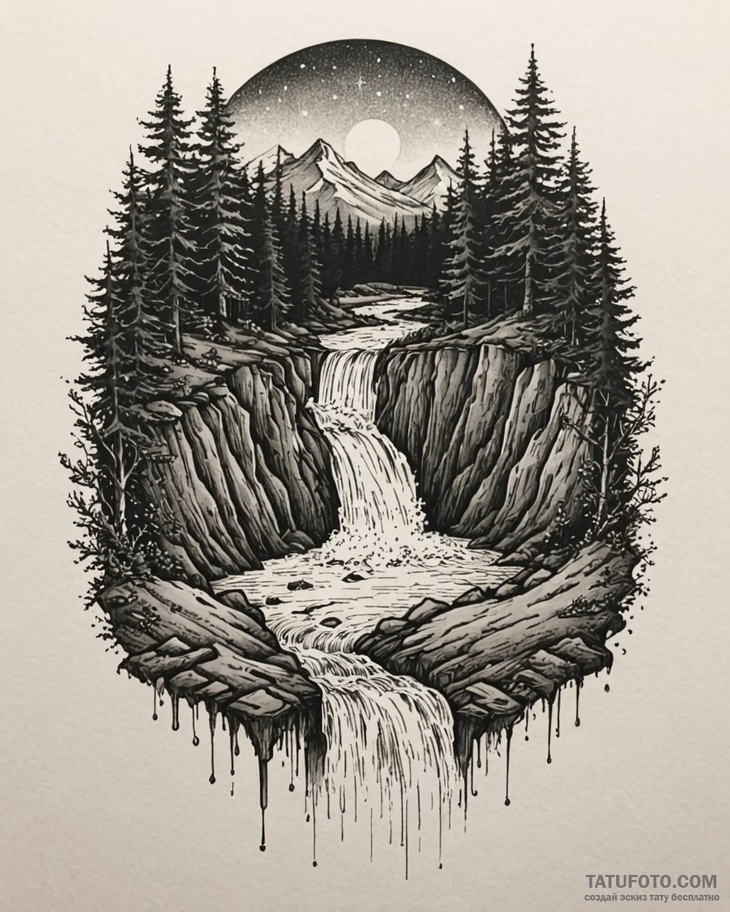 водопады и реки, ink illustration for tattoo,... - эскиз тату (№1753611230_0, 27.07.2025 10:13) — Tatufoto.com