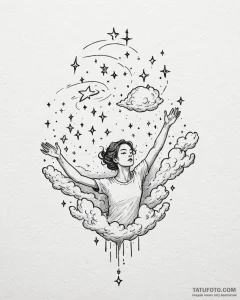 Tat tattoo sketch, dreamer floating above clo... - эскиз тату (№1753611826_0, 27.07.2025 10:23) — Tatufoto.com