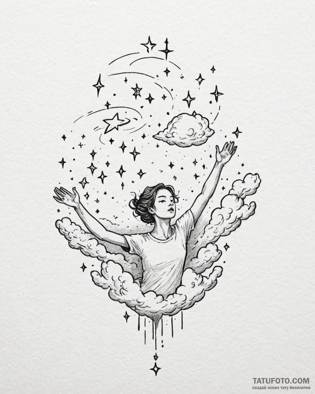 Tat tattoo sketch, dreamer floating above clo... - эскиз тату (№1753611826_0, 27.07.2025 10:23) — Tatufoto.com