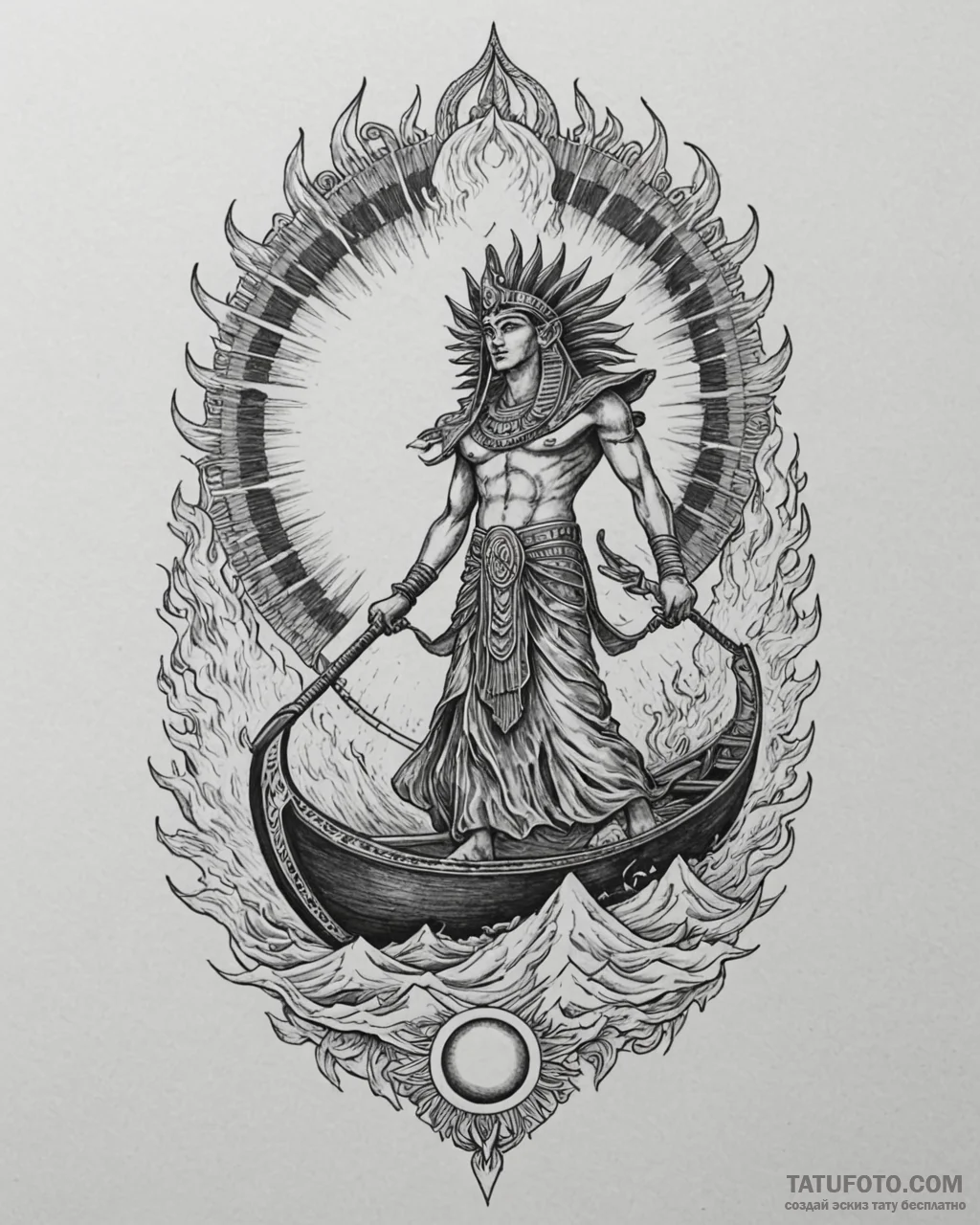 Tattoo sketch, ra riding flaming solar barque... - эскиз тату (№1753612824_0, 27.07.2025 10:40) — Tatufoto.com