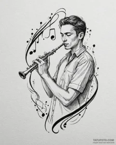 Tat tattoo sketch, ben playing flute with mus... - эскиз тату (№1753614207_0, 27.07.2025 11:03) — Tatufoto.com