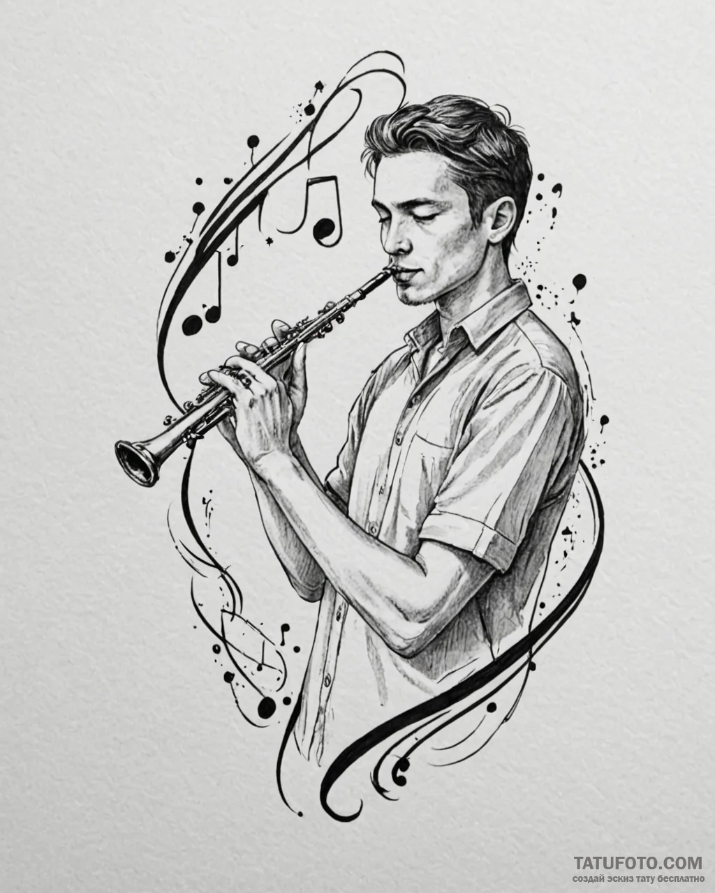 Tat tattoo sketch, ben playing flute with mus... - эскиз тату (№1753614207_0, 27.07.2025 11:03) — Tatufoto.com