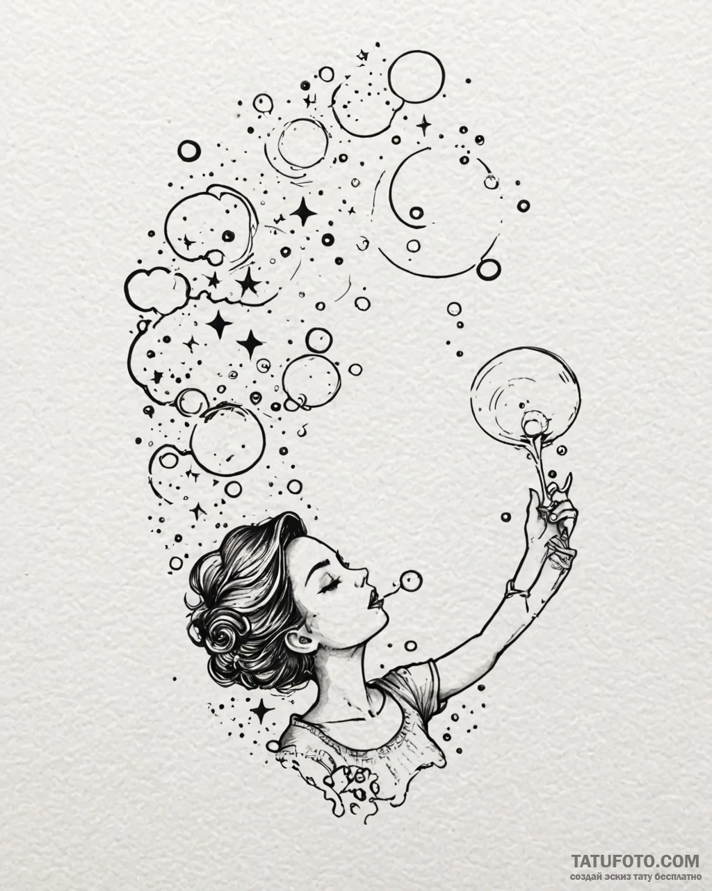 Tat tattoo sketch, dreamer blowing bubbles fl... - эскиз тату (№1753616187_0, 27.07.2025 11:36) — Tatufoto.com