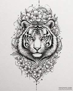 Tattoo sketch, tiger surrounded by swirling s... - эскиз тату (№1753616385_0, 27.07.2025 11:39) — Tatufoto.com