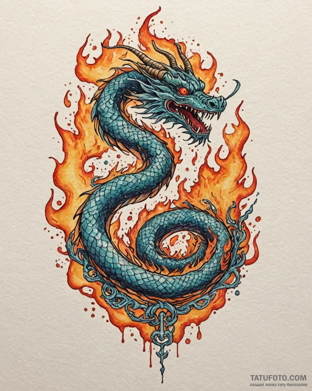 Tattoo sketch, mushu dragon coiled with flame... - эскиз тату (№1753618570_0, 27.07.2025 12:16) — Tatufoto.com