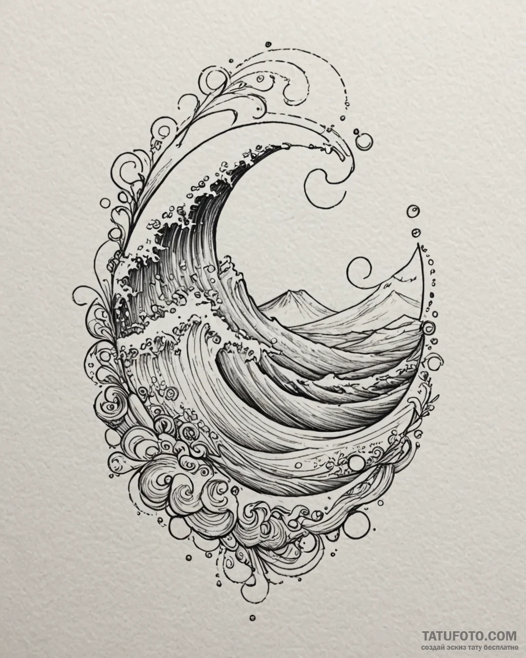 Tattoo sketch, thin wave curling softly with... - эскиз тату (№1753619166_0, 27.07.2025 12:26) — Tatufoto.com