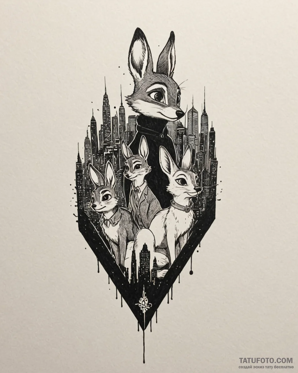 Tattoo sketch, nick and judy silhouette with... - эскиз тату (№1753619365_0, 27.07.2025 12:29) — Tatufoto.com