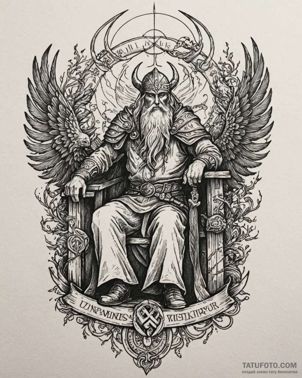 Tattoo sketch, odin seated on throne of raven... - эскиз тату (№1753621970_0, 27.07.2025 13:12) — Tatufoto.com
