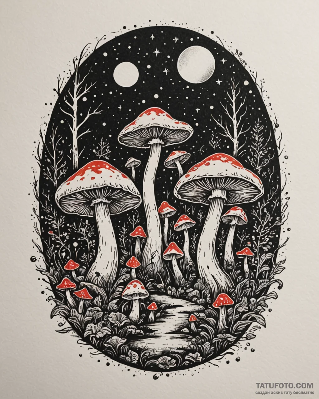 Tat tattoo sketch, glowing magical mushrooms... - эскиз тату (№1753623185_0, 27.07.2025 13:33) — Tatufoto.com