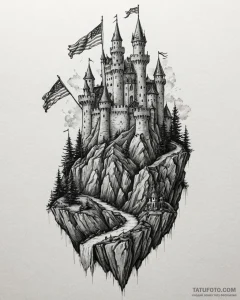 Tat tattoo sketch, towering castle with flutt... - эскиз тату (№1753623397_0, 27.07.2025 13:36) — Tatufoto.com