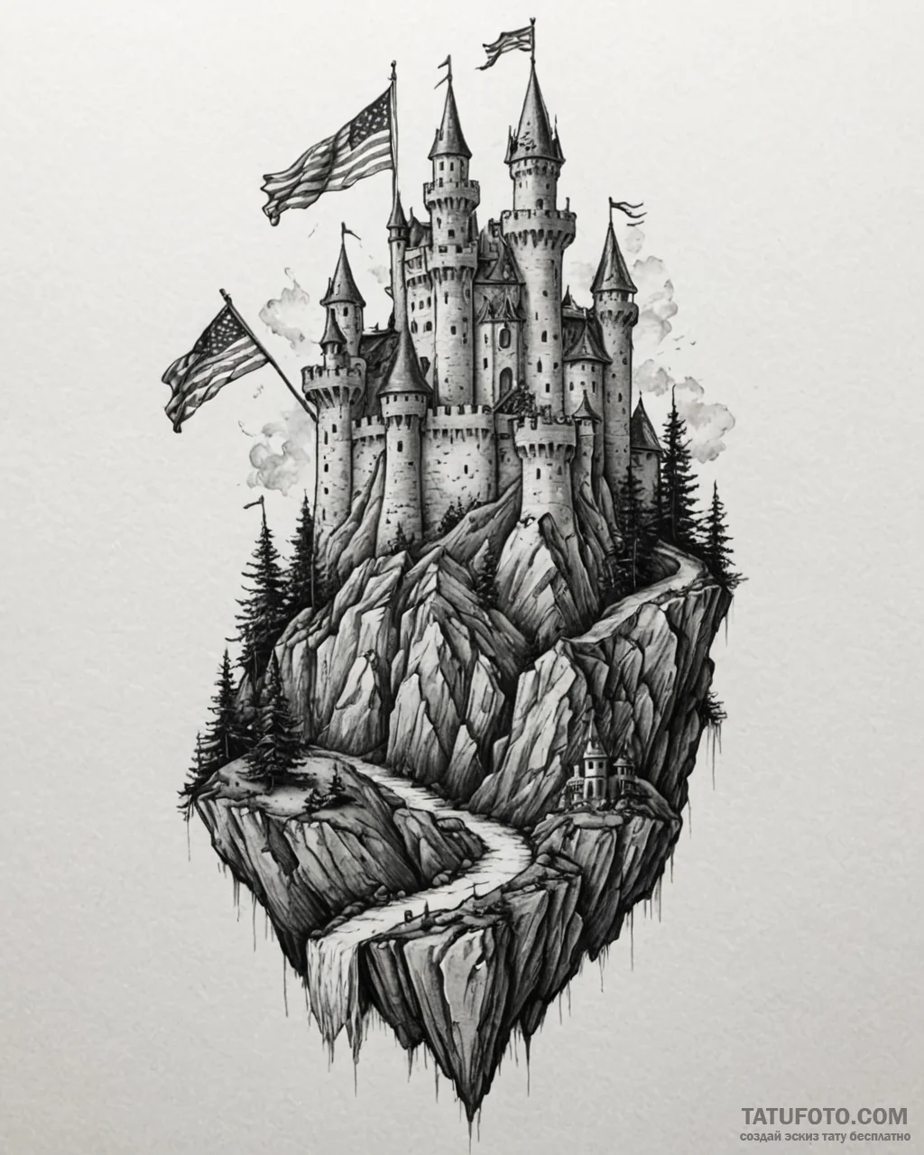 Tat tattoo sketch, towering castle with flutt... - эскиз тату (№1753623397_0, 27.07.2025 13:36) — Tatufoto.com