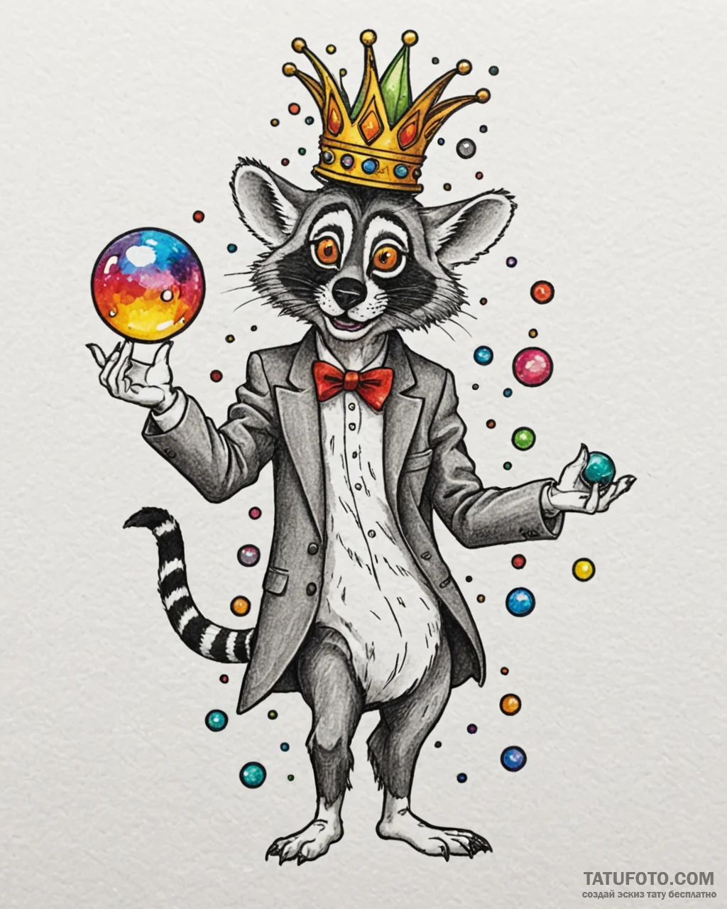 Eskizto, tattoo sketch, king julien partying... - эскиз тату (№1753623607_0, 27.07.2025 13:40) — Tatufoto.com