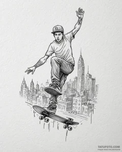Tat tattoo sketch, skateboarder launching off... - эскиз тату (№1753624402_0, 27.07.2025 13:53) — Tatufoto.com