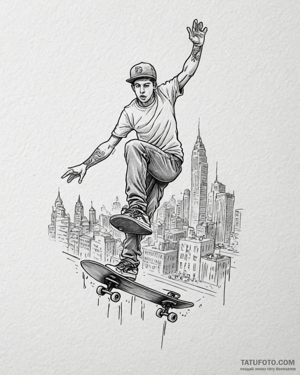 Tat tattoo sketch, skateboarder launching off... - эскиз тату (№1753624402_0, 27.07.2025 13:53) — Tatufoto.com
