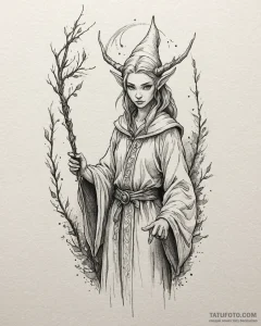 Tat tattoo sketch, elegant elf with pointed e... - эскиз тату (№1753625596_0, 27.07.2025 14:13) — Tatufoto.com