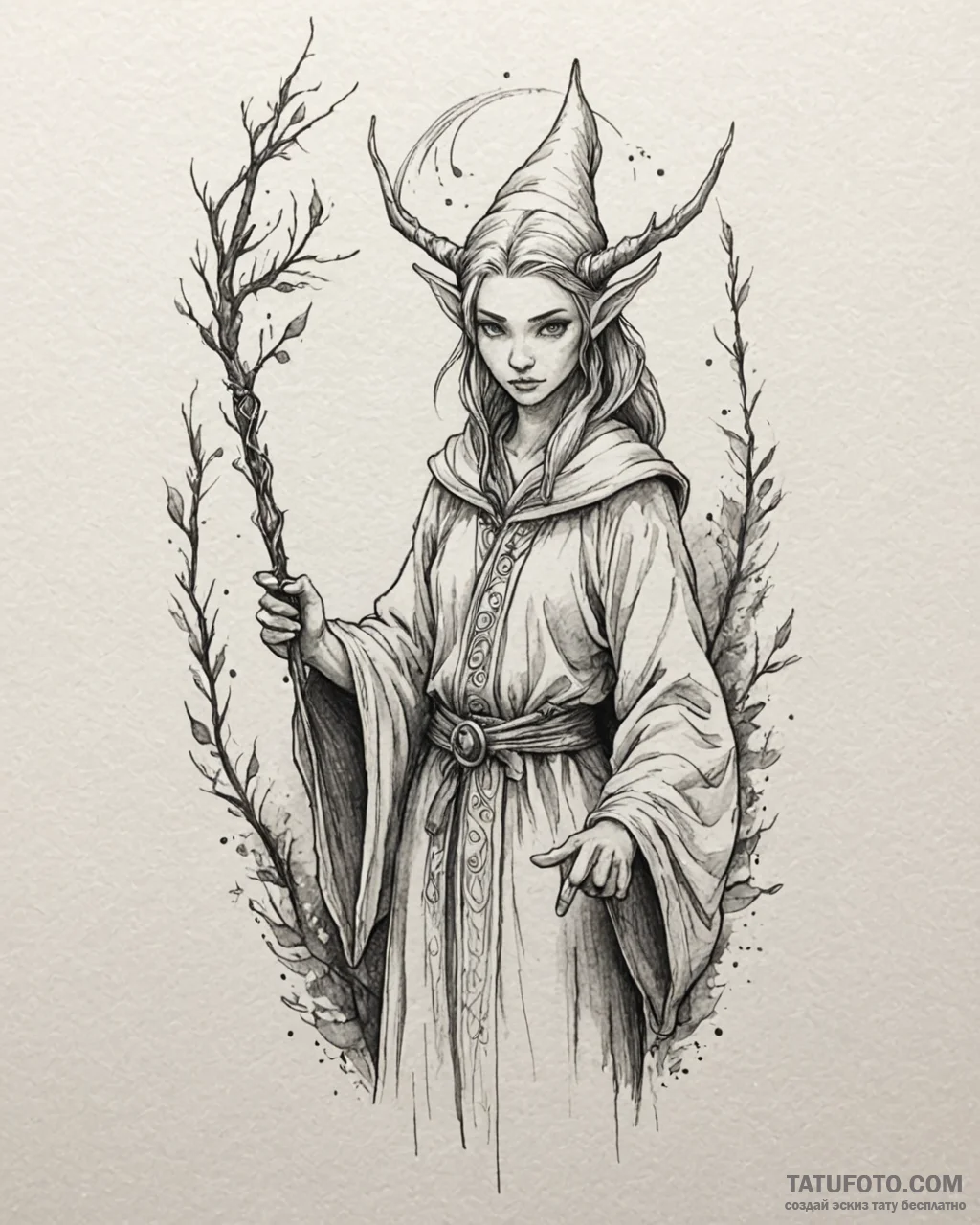 Tat tattoo sketch, elegant elf with pointed e... - эскиз тату (№1753625596_0, 27.07.2025 14:13) — Tatufoto.com